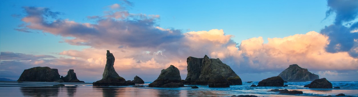 Bandon Oregon sea stacks panorama at sunset